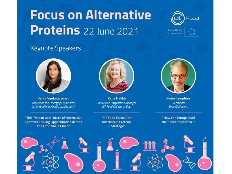 Plakat promujący konferencję pt. Focus on Alternative Proteins, na którym umieszczono zdjęcia prelegentów, rolę którą pełnią oraz temat wystąpienia.